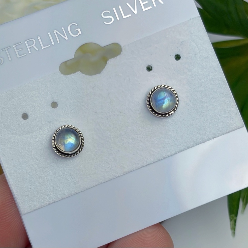 Pure Sterling Silver 925 Purple Blue Yellow Rainbow Moonstone Post Earrings - Picture 4 of 8